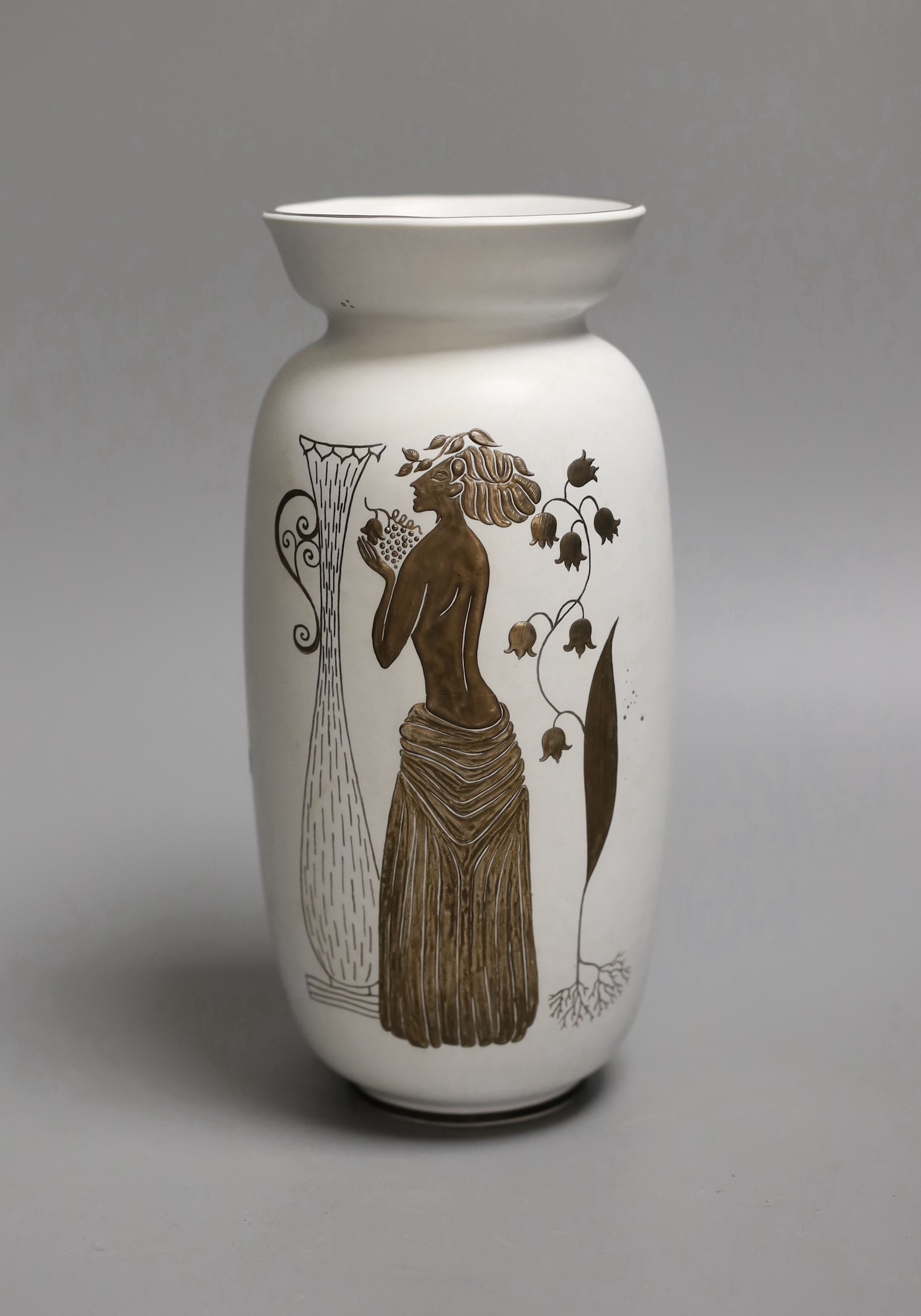A Gustavsberg Stig Lindberg 215 shape Grazia vase decorated with a woman, vase and flowers, sprigs to the reverse, 20cm